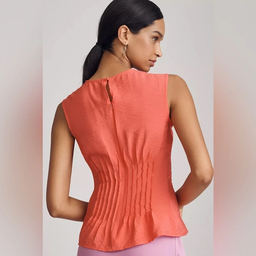 🔆 Anthropologie Pink Sleeveless Peplum Blouse with Pleated Waist - Picture 2 of 5
